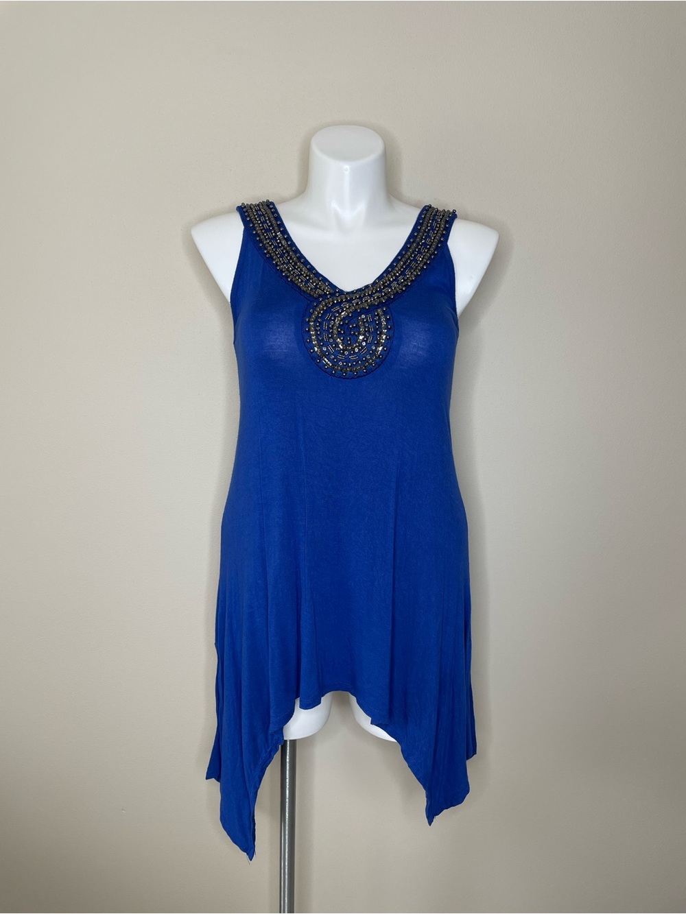 Beaded V-Neck Royal Blue Women's Tunic Top with HiLo Shark Bite Hem